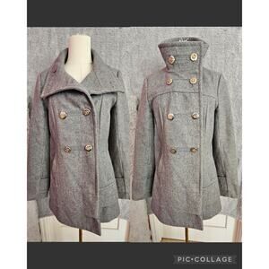 Black Rivet Wool Double Breasted Pea Coat Military Long Line Grey Small 2 4 6‎